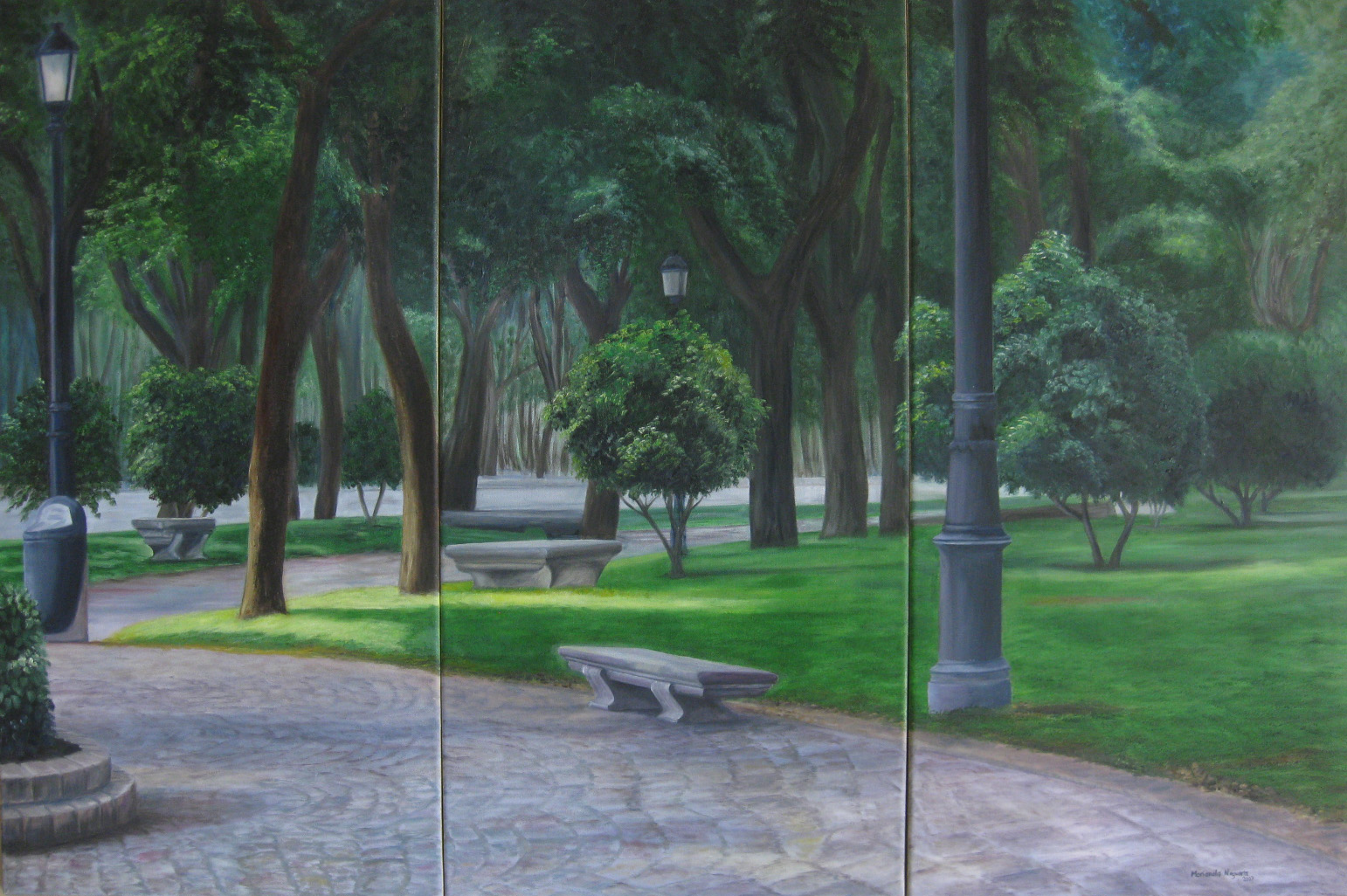 ©Marianela Noguera."Paseo del Prado, Madrid", Spain. 2007. Triptic 15" x 30"ea. Oil on canvas.