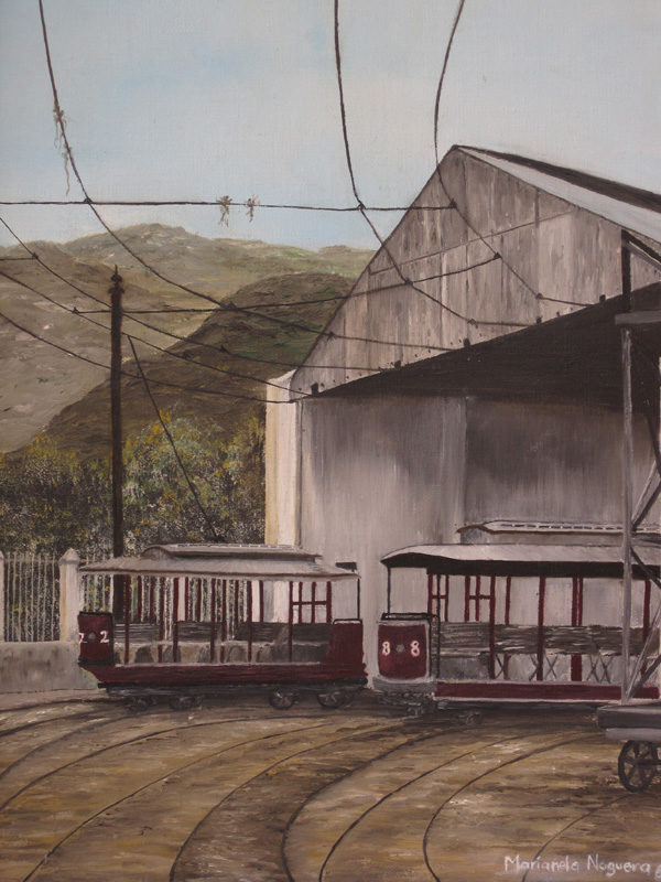 Vintage Oil Paintings ©Marianela Noguera. "Cable Car Station in San Bernardino" 8" X 10" .Oil on linen.